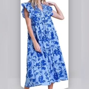 Umgee Blue Floral Dress Tiered Flutter Sleeves Medium MIDI to Maxi